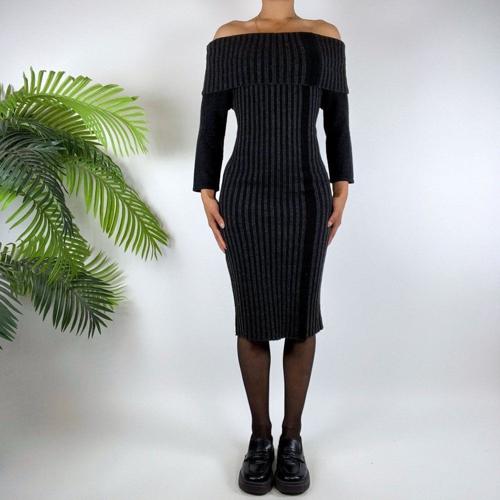 Vintage New York & Co. Black Knit Off The Shoulder Bodycon Sweater Dress / Small - Picture 4 of 5